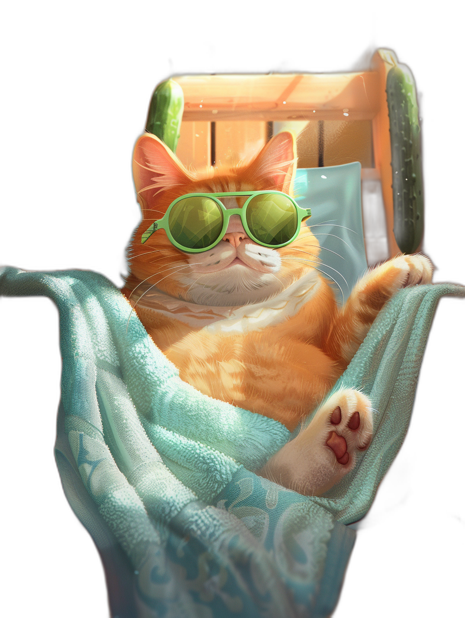 digital art of a cute and fat orange cat wearing sunglasses, chilling out in a spa bed with a towel on a black background. A cucumber sits on the side, in the style of Cucumber.