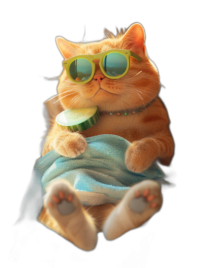 a ginger cat with sunglasses and towel eating cucumber, funny expression, full body, on black background, hyper realistic photography