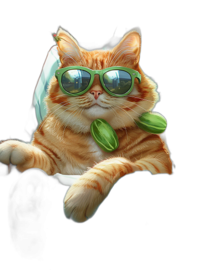 A cute orange cat wearing green sunglasses, lying on the back of an oversized white cup with a black background, with its paws hanging over and holding two small leaves in front. The cartoon character is in a full body shot with a cute expression, exuding a strong three-dimensional sense. High definition photography style, with super detailed and clear details, and bright colors in the style of .