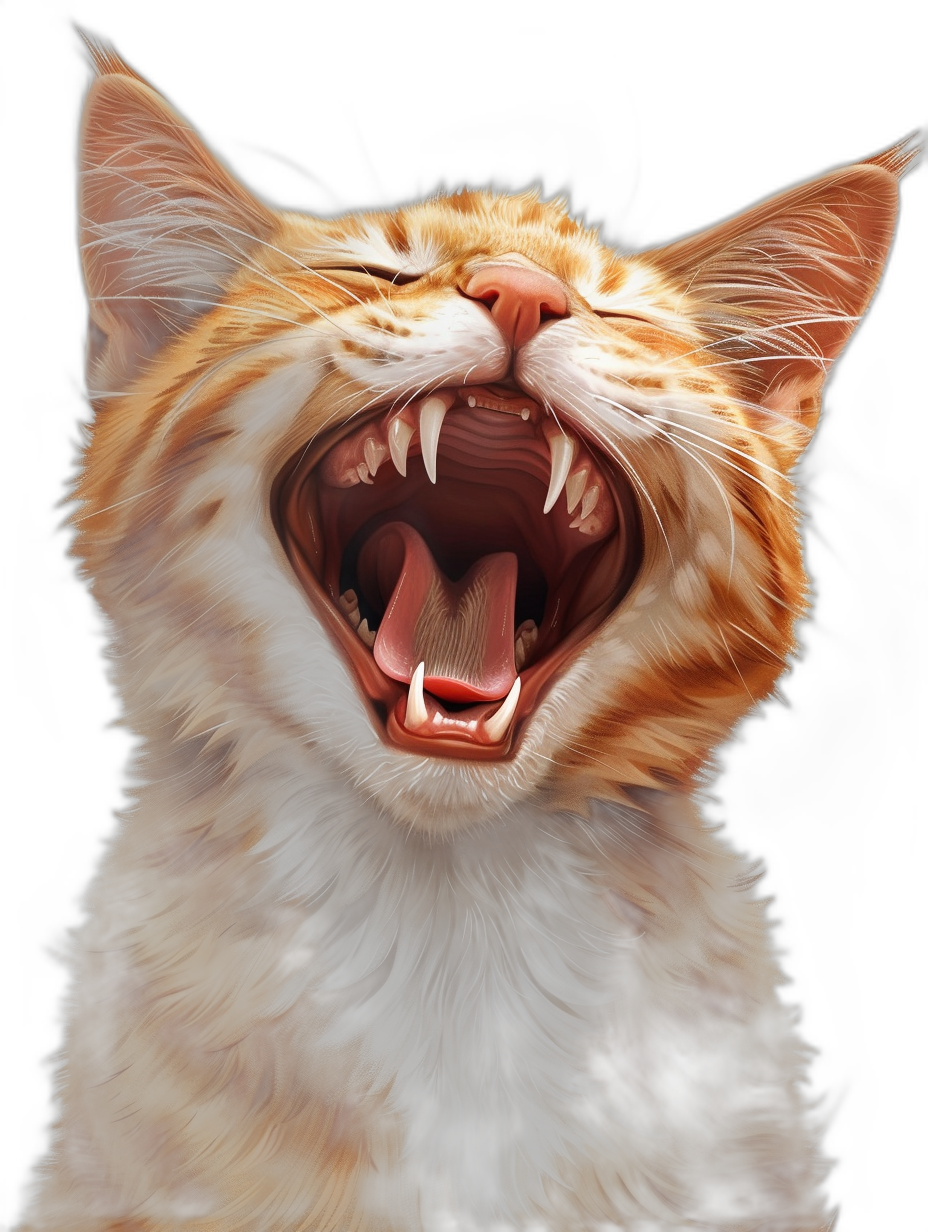 realistic digital illustration of an orange cat laughing, mouth open and showing teeth, black background, hd, high resolution photography,