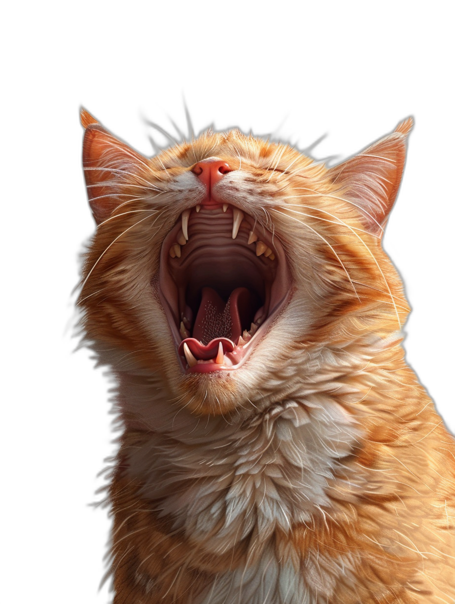 A cat yells with its mouth open, showing teeth and fangs, in a photorealistic style in the style of hyperrealism with studio lighting, in a highly detailed style with fine details, isolated on a black background, with professional color grading and sharp focus.