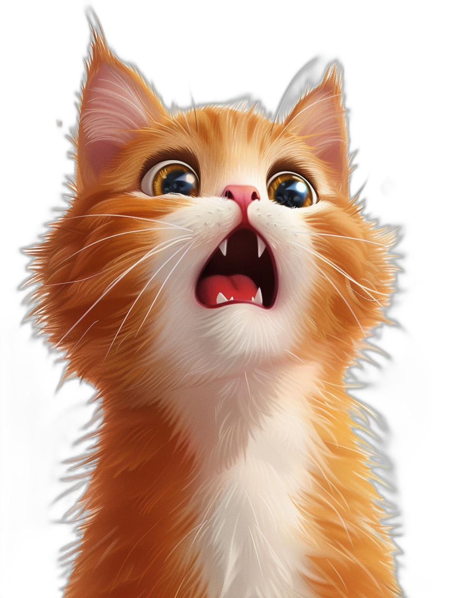 A cute orange and white cat, opening its mouth wide to sing with big eyes against a pure black background, in the Pixar style, digital art with high definition details and high resolution.