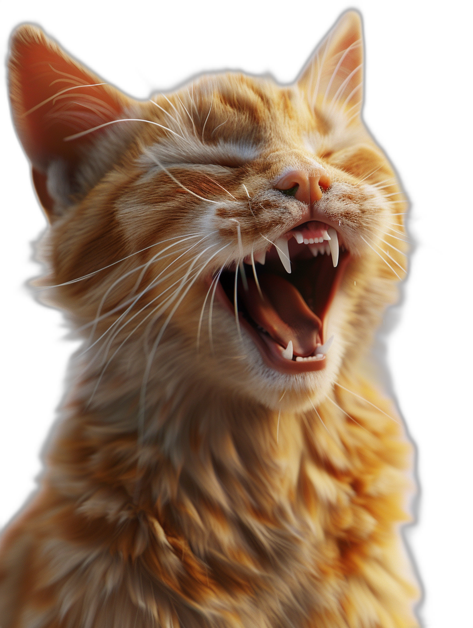 ginger cat with sharp teeth laughing, realistic, hyper detailed, black background, rendered in the style of octane