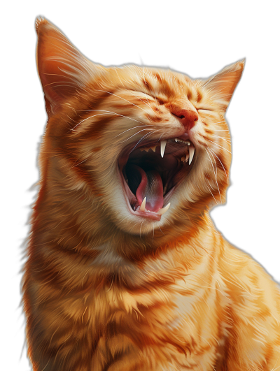 realistic digital illustration of happy ginger cat, open mouth and showing teeth, pure black background,