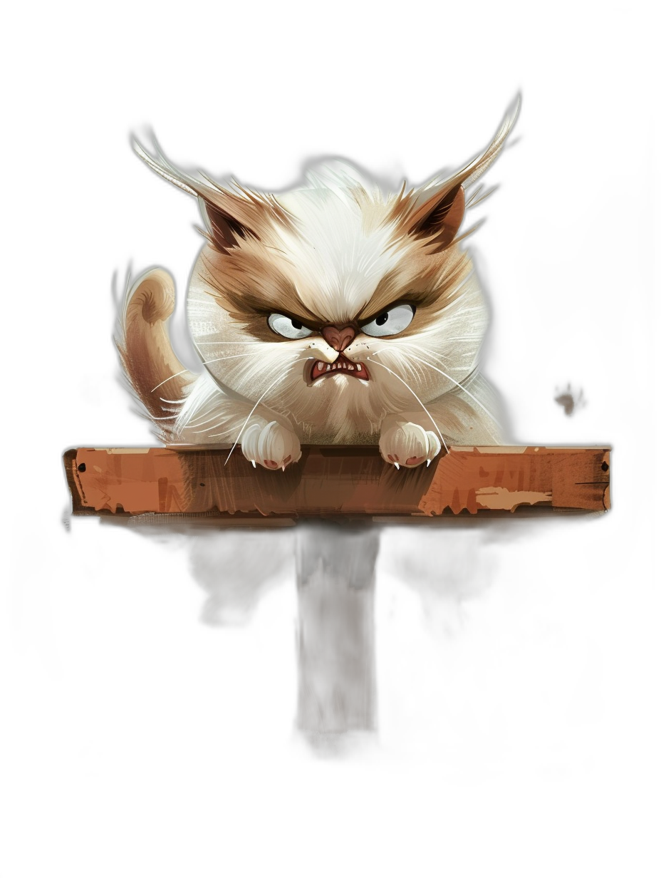 game icon, grumpy cat sitting on the horizontal bar of an old wooden cross, black background, in the style of anime.