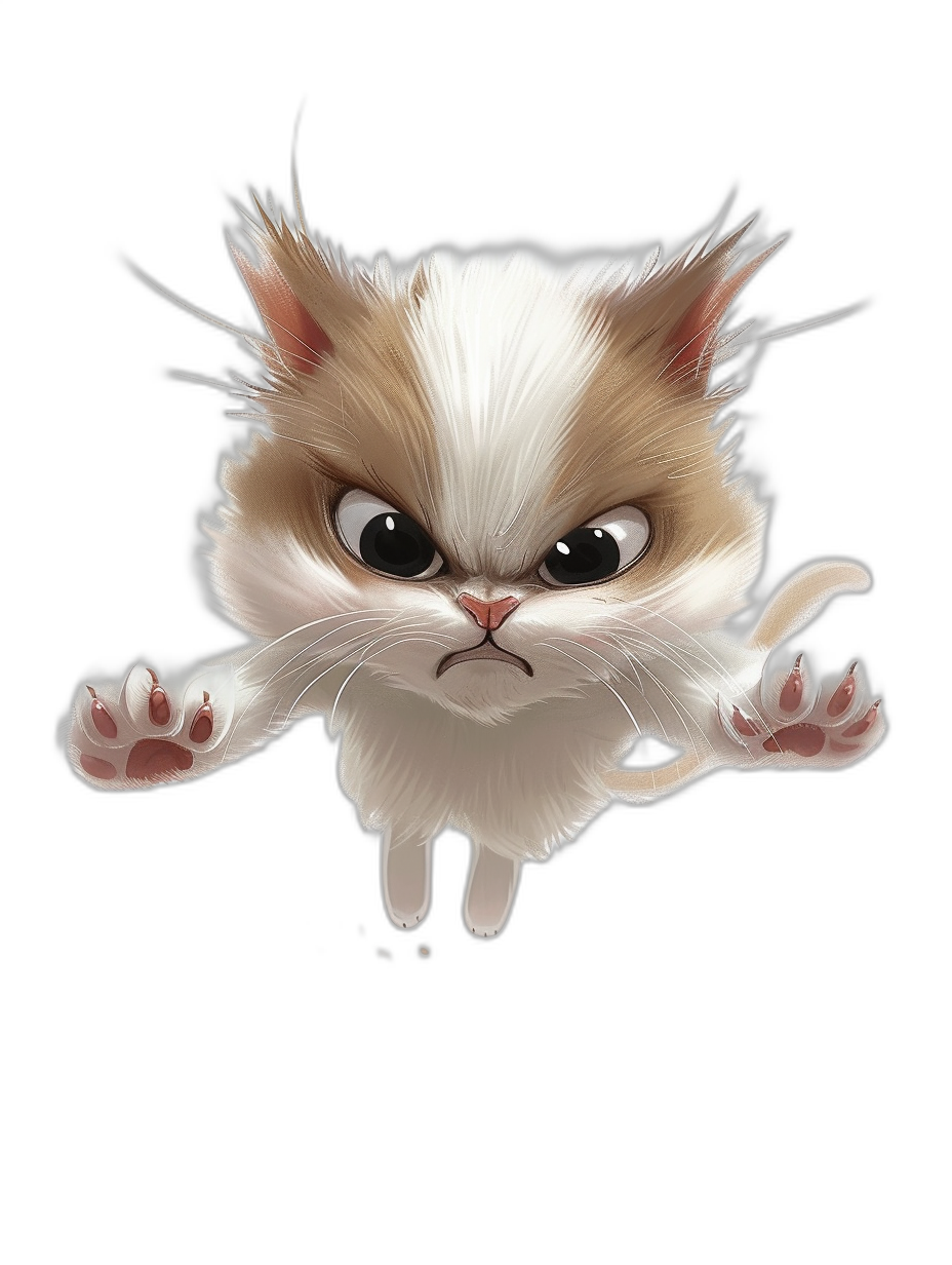 Cute grumpy cat jumping in the air in the style of a vector illustration on a black background with a cute cartoon design at high resolution, detail, and quality in the style of an octane rendering, digital art, 3D render, and 4D render digital art.