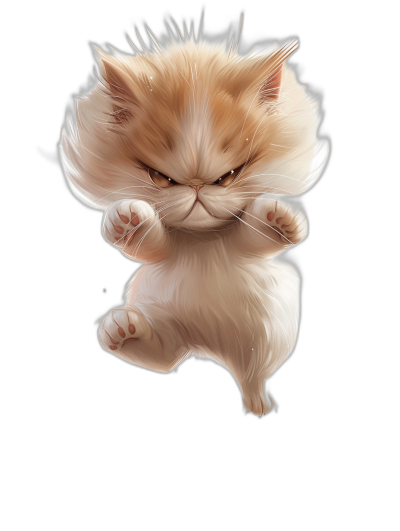 realistic illustration of an angry cute persian cat, jumping in the air with paws outstretched , isolated on black background, full body portrait, high resolution