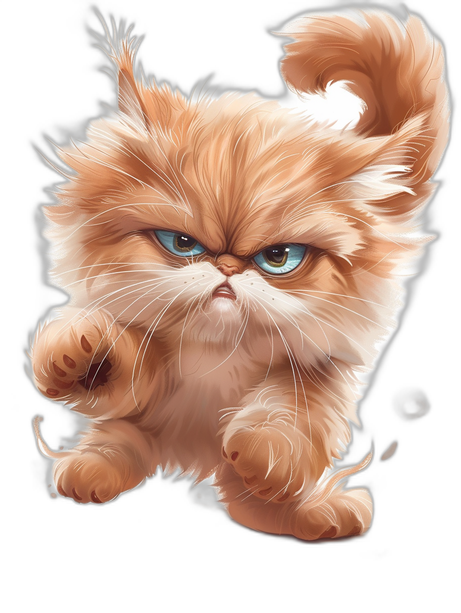 grumpy cute orange cat with white fur, in the style of chibi art by [Artgerm](https://goo.gl/search?artist%20Artgerm), jumping and swatting at something on the ground, black background, cartoon, vector illustration, airbrushed digital art, trending pixiv fanbox in center with no text on photo realistic hyper detailed illustration