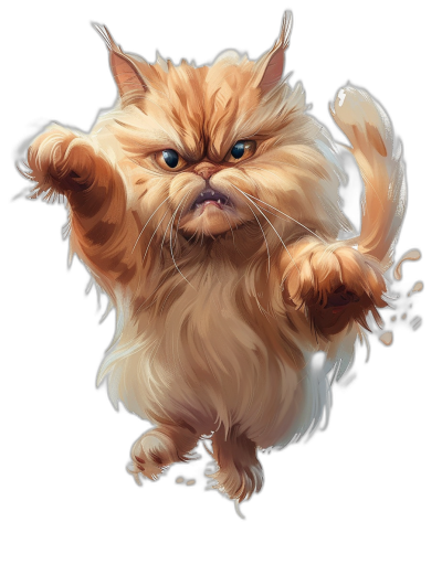 An angry fluffy cat jumping in the air in the style of cartoon style, isolated on a black background, fantasy art, detailed character illustrations, fantasy characters, concept art in the style of [Greg Rutkowski](https://goo.gl/search?artist%20Greg%20Rutkowski) and [Studio Ghibli](https://goo.gl/search?artist%20Studio%20Ghibli), full body portrait, digital painting, trending Pixiv fanbox, acrylic paint style.