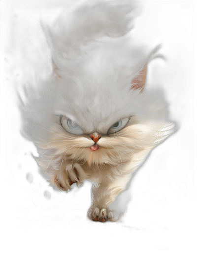 A cute persian cat in the dark, close-up shot, with an angry expression, in the style of a cartoon, with an exaggerated perspective effect, high contrast between light and shadow, exaggerated movements, and fur flying around it. The background is black with blurred edges. A huge white cloud appears behind it, creating an ethereal atmosphere.