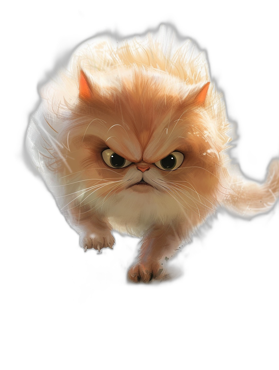 A cute Persian cat with an angry expression in a walking pose with a fat body on a black background, in the style of detailed character design. Caricature-like illustrations with cartoonish innocence and smooth fur, rendered in Maya with Disney and Pixar animation style at a high resolution.