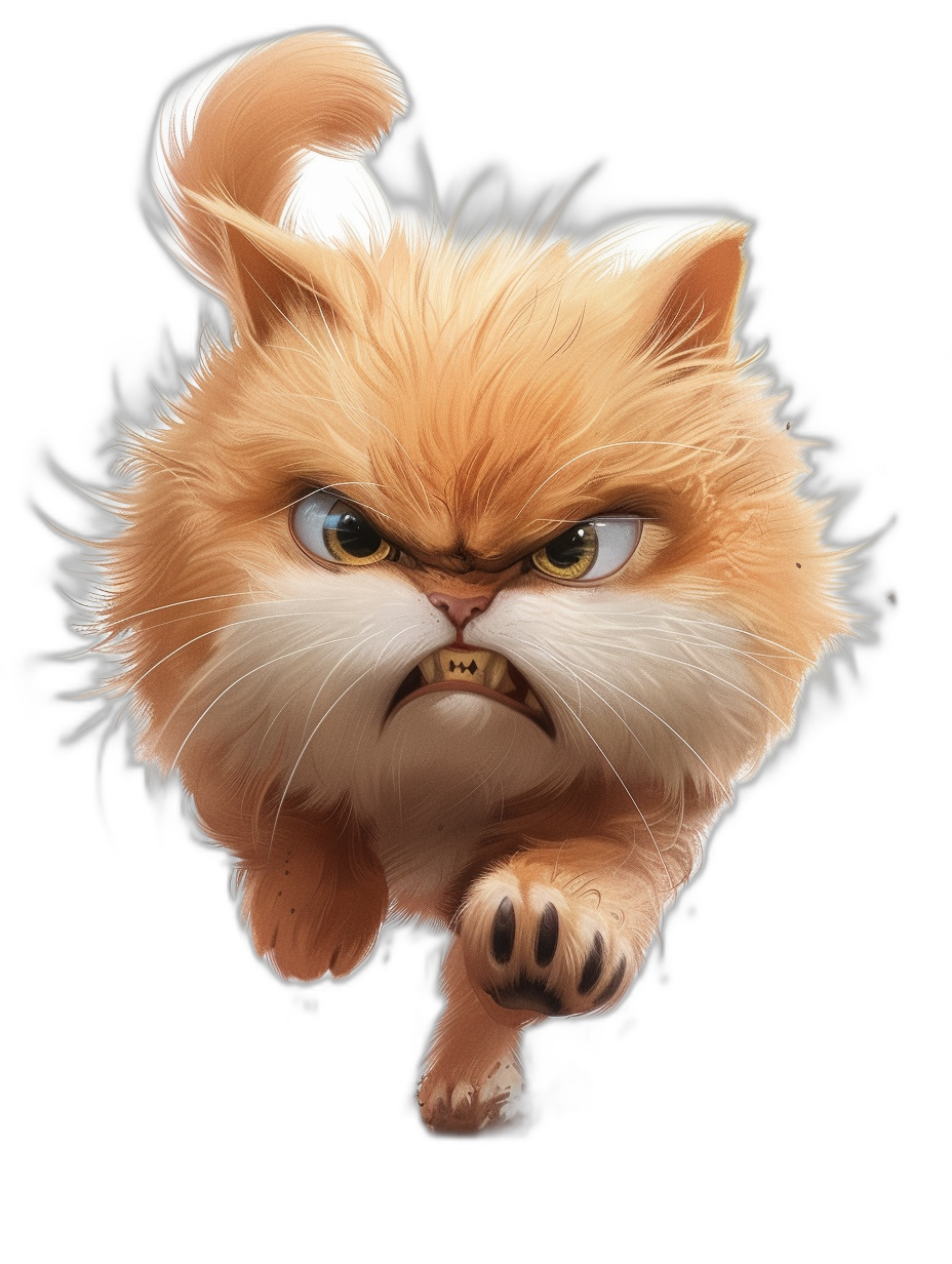 grumpy orange cat jumping towards the viewer, in the style of Pixar style cartoon character, black background, angry expression, cute, very detailed