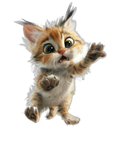 cute baby cat jumping in the air, in the style of Pixar, black background, cute and happy expression, detailed fur texture, detailed eyes, detailed claws, detailed tail, full body shot, digital art in the style of Disney Pixar, high resolution