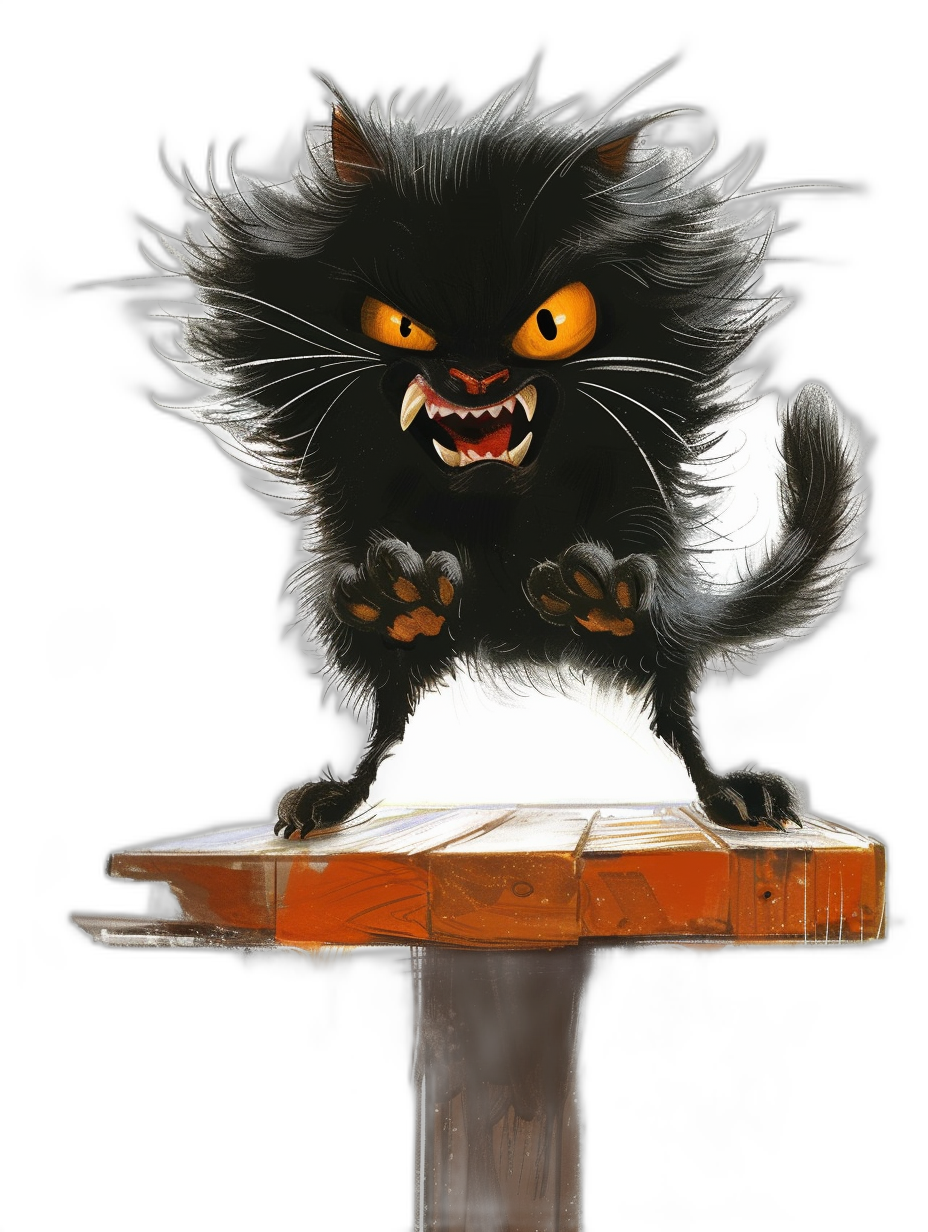 A cute fluffy black cat with yellow eyes and orange teeth is standing on a glowing anvil, in the style of [Ralph Bakshi](https://goo.gl/search?artist%20Ralph%20Bakshi), on a solid dark background. It is a hyper realistic and very detailed concept art illustration in an airbrush art style similar to a watercolor painting.