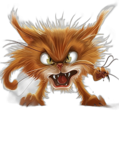 angry ginger cat cartoon character in the style of [Ralph Bakshi](https://goo.gl/search?artist%20Ralph%20Bakshi), isolated on a black background, blank space for text in the center of the picture