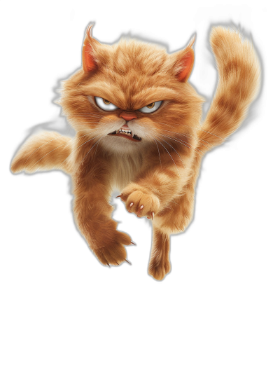 character design of an angry ginger cat flying on a black background in the style of a cartoon, 3d render in the style of Pixar animation, octane rendering