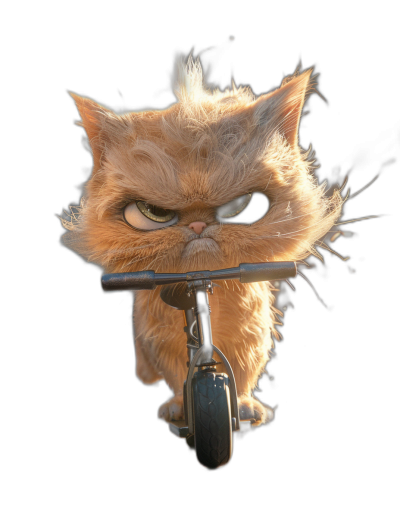 funny angry cat on scooter, 3d render, octane rendering, isolated in black background