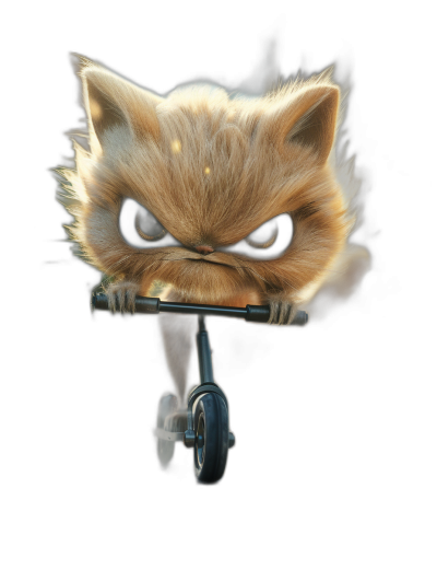 realistic cute furry kitten riding scooter, angry expression, dark background, in the style of Pixar