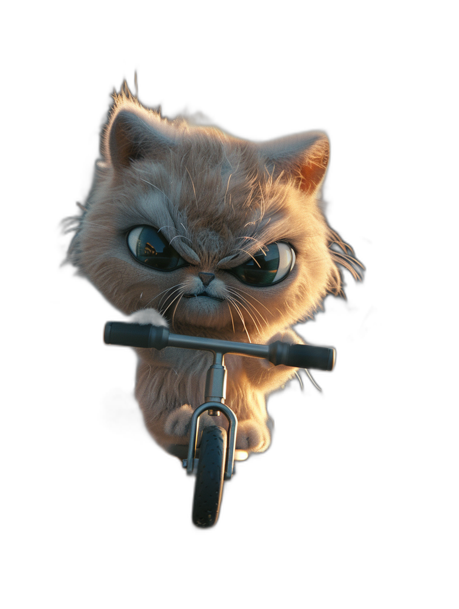 realistic cute fluffy cat riding scooter, angry face, black background, rim lighting, soft shadows, no contrast, soft focus, cinematic, detailed, in the style of Disney Pixar