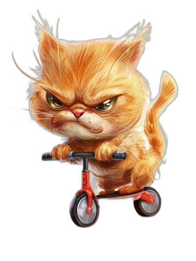 realistic digital illustration of an angry cat riding on a scooter, black background, character design in the style of Pixar