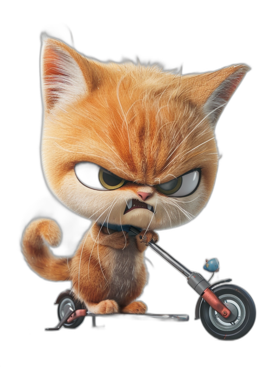 Cute grumpy orange cat on scooter in the style of Pixar, black background, high resolution, hyper realistic