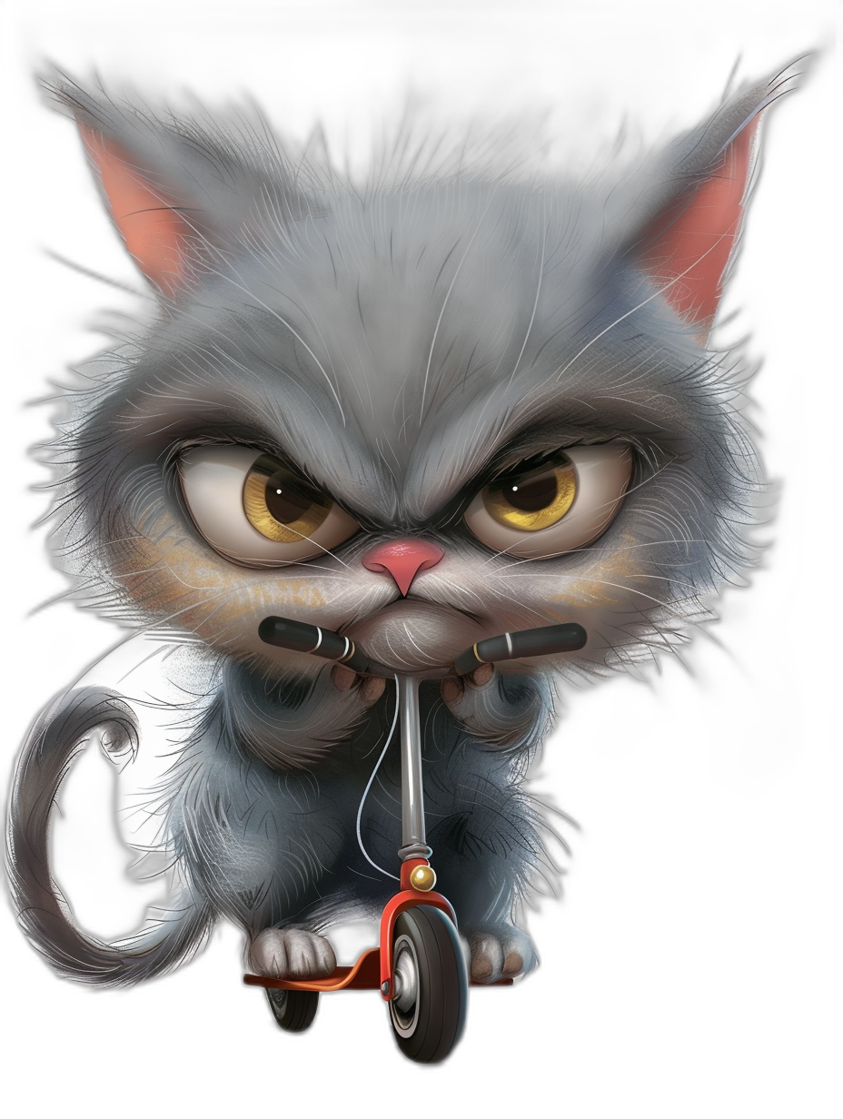 realistic cartoon illustration of an angry grey cat riding on a scooter, black background, high definition, in the style of Disney Pixar with a strong facial expression and exaggerated features