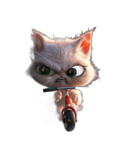 3D render of a cute white kitten riding a scooter with angry eyes on a black background in a cute, cartoon style with soft lighting, digital art in the style of Disney Pixar studio, high resolution