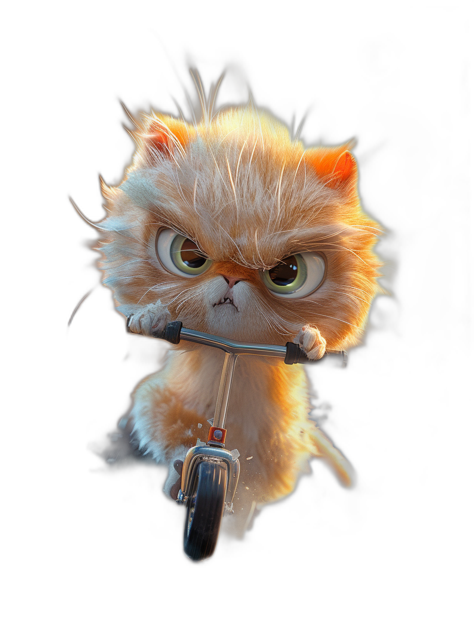 cute fluffy persian cat riding on the scooter, big eyes, angry face, in the style of Pixar, black background, high resolution, hyper realistic