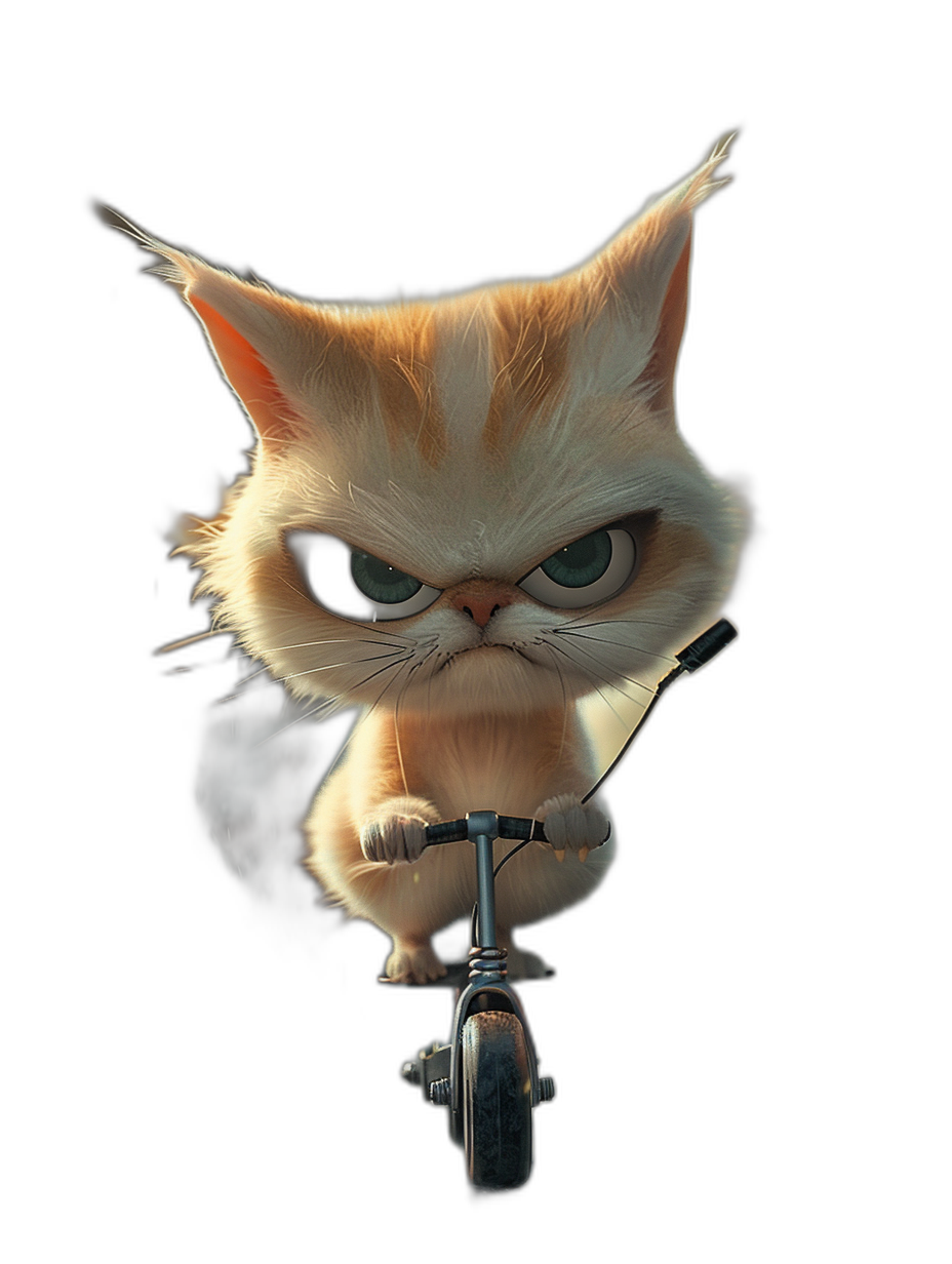 3D epic render of a cute angry cat on a scooter with a black background, in the style of Pixar.