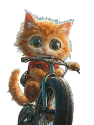 3D render of a cute ginger cat with big eyes, sitting on a bike in the style of Pixar character design, on a black background, concept art in the style of [Greg Rutkowski](https://goo.gl/search?artist%20Greg%20Rutkowski)