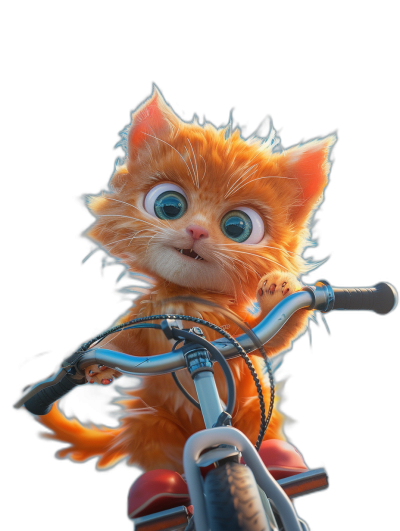 Cute orange cat riding bicycle, with big eyes, on a black background, in the style of Pixar, Disney, in the style of Pixar animation, cute, furry art, detailed rendering of fur, high definition photography, movie light effects, Unreal Engine 5