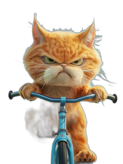 realistic cartoon photo of an angry ginger cat riding on the handlebars of a bike, with an isolated black background, in the style of Pixar