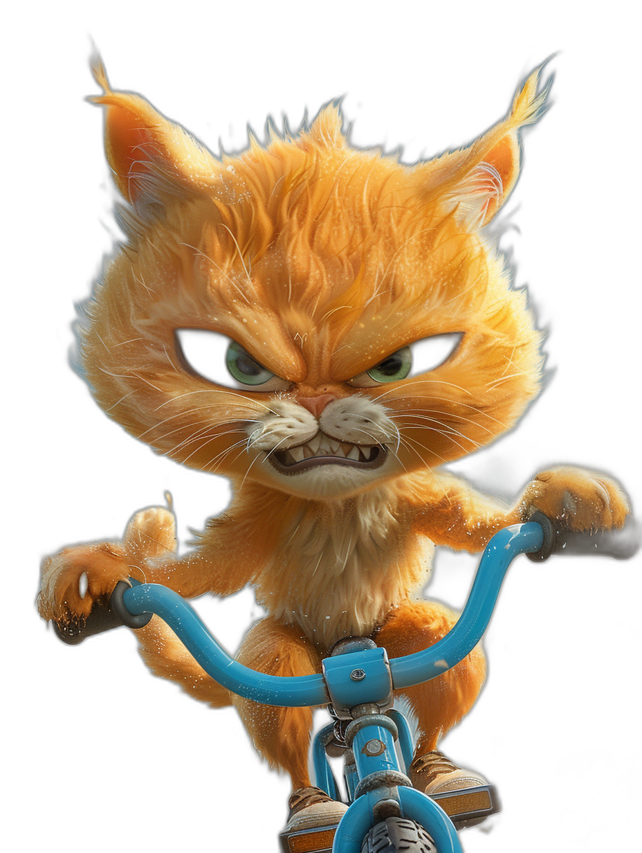 A cute orange cat with an angry face riding on a blue bike against a black background, in the style of Pixar, with high resolution photography and hyper detailed cinematic look in the style of Pixar.