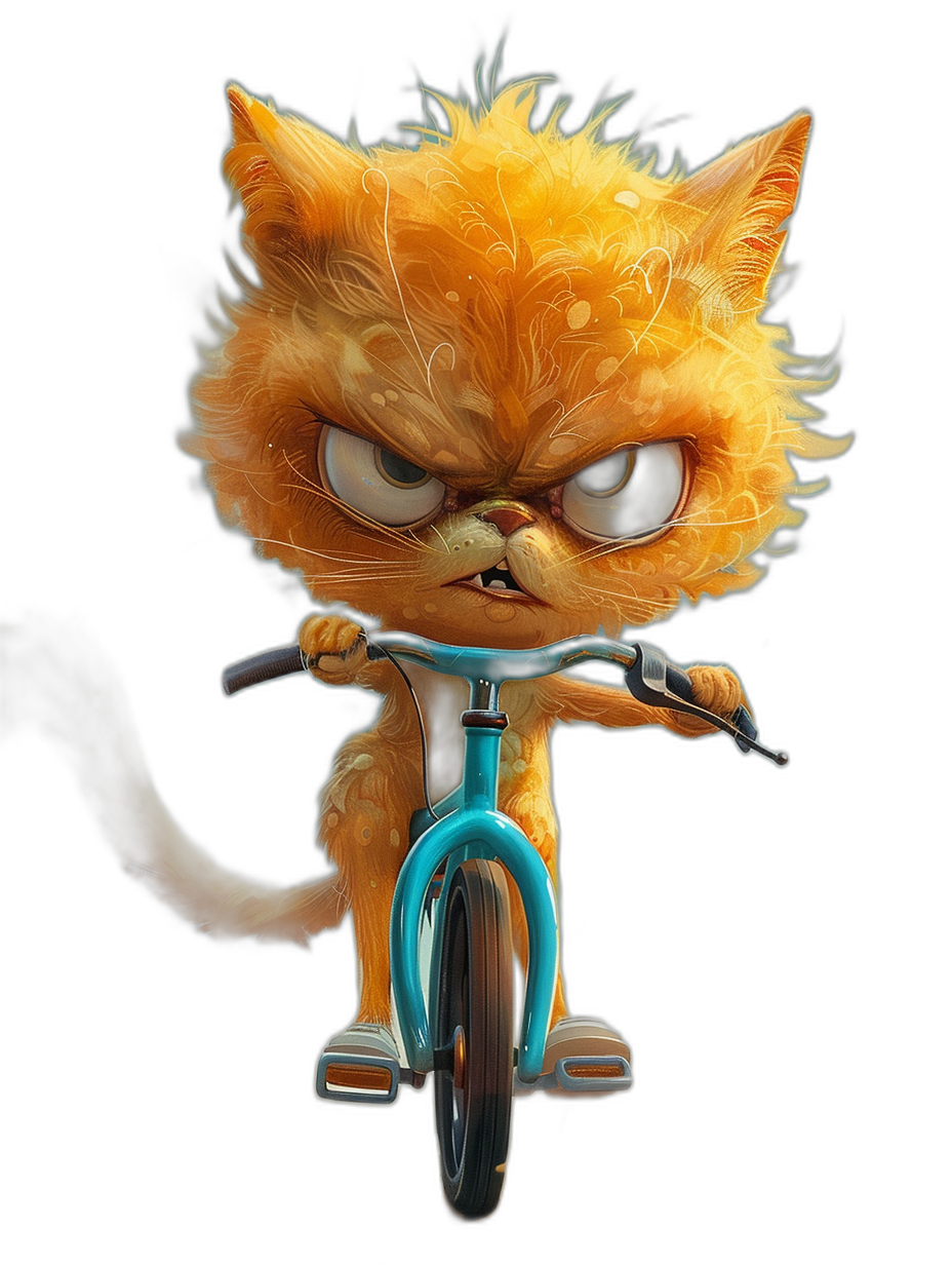 grumpy orange cat with big eyes, riding a blue bicycle against a black background, in the style of Pixar with a cute character design, in high resolution