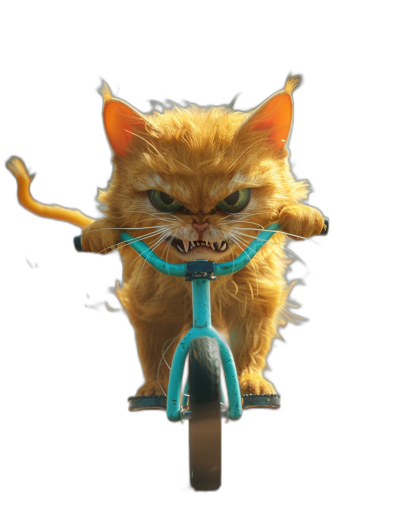 angry cat riding on a tricycle, isolated black background, hyper realistic photography in the style of unknown artist