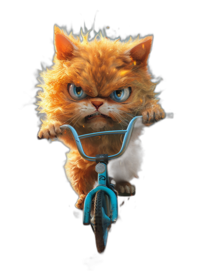 front view of an angry ginger cat with blue eyes riding on the front off one bicycle, on black background, digital art by Pixar and Disney