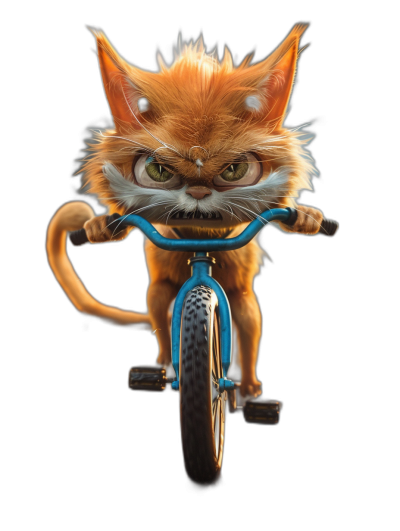 front view of an angry ginger cat riding on a blue bike against a black background, in the style of Pixar, with high resolution and hyper quality