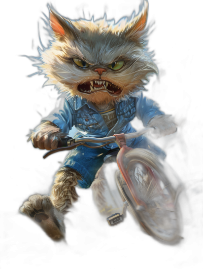 realistic fantasy art illustration of an angry cat, blue jean and white shirt outfit riding on bicycle with sharp teeth black background, full body portrait, inspired by disney characters, high detail, high resolution digital artwork in the style of [Greg Rutkowski](https://goo.gl/search?artist%20Greg%20Rutkowski)