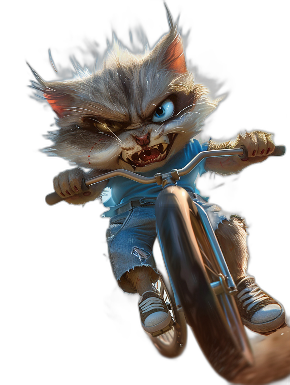 A crazy cat with blue eyes and white fur, wearing jean shorts and a t-shirt riding on a bike, in the caricature style of [Tiago Hoisel](https://goo.gl/search?artist%20Tiago%20Hoisel), a playful fantasy illustration in full body view against a dark background.