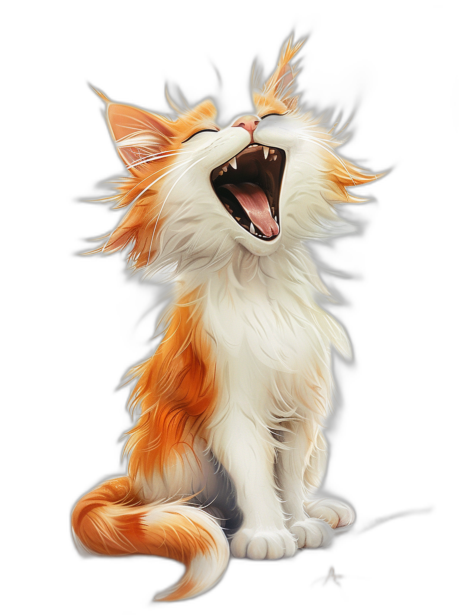 realistic digital illustration of an adorable orange and white cat meowing, black background, high definition image. The artwork is depicted in the style of an hd digital illustration.