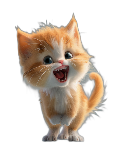 Cute Pixar kitten character, smiling and laughing with its mouth open to show teeth. The light brown kitten has orange and white fur and is standing upright in a full body shot against a black background. The kitten's fur is blowing in the wind in the style of an octane render.