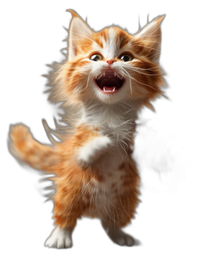 A cute orange and white kitten is jumping up, mouth open with an expression of anger, full body photo on a black background, in the style of high definition photography, cute pet wallpaper, fluffy tail, 3D rendering style.