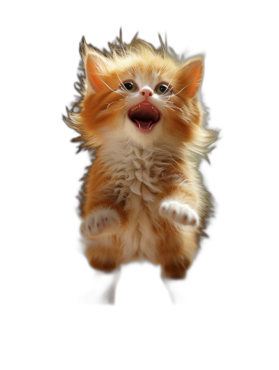 Cute orange kitten, jumping in the air with its mouth open and looking at you, on a pure black background, cute, soft light, in the style of photography, with high definition details