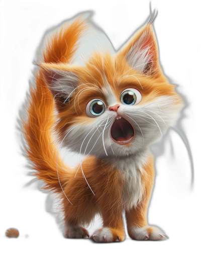 Cute orange and white kitten, surprised expression, open mouth, full body shot on a black background, in the style of Pixar animation, digital art