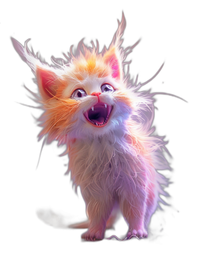 A cute happy Pixar kitten character with long white and pink hair, standing on two legs in the dark, his eyes wide open and mouth slightly open. The wind blows her beautiful fur as colorful light illuminates it against a black background in a full body shot.