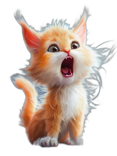 A cute and happy baby cat, full body, open mouth with big teeth, long hair blowing in the wind, digital art style in the style of hyper realistic, black background, minimally editing the original text.