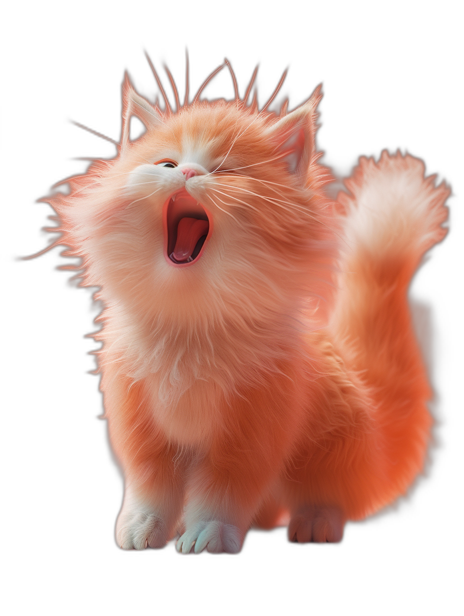 A cute happy smiling fluffy orange cat is yawning, full body, on a black background, in the style of Pixar, in the style of Disney, octane rendering, high resolution photography, hyper realistic.