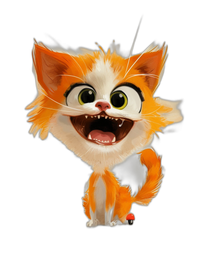 A cute cartoon cat, orange and white in color with big eyes smiling, on a black background, concept art in the style of Pixar, cgsociety, character design, game art, fantasy art style, high resolution