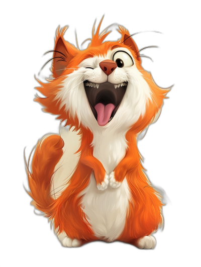 A cute orange and white cat laughing in the cartoon style. In the style of Disney Pixar. Digital art with a black background. High resolution, high detail, high quality, high sharpness digital art. In the hyper realistic style, hyper detailed style, with hyper quality and ultra realism.