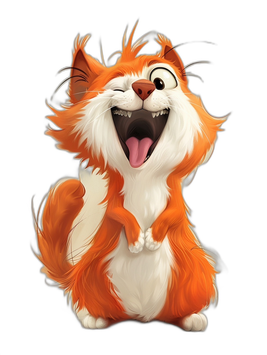 A cute orange and white cat laughing in the cartoon style. In the style of Disney Pixar. Digital art with a black background. High resolution, high detail, high quality, high sharpness digital art. In the hyper realistic style, hyper detailed style, with hyper quality and ultra realism.